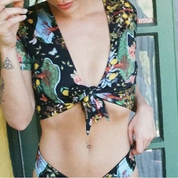 Free People HAH black floral butterfly tree tie swimsuit top size small NEW - Picture 1 of 9